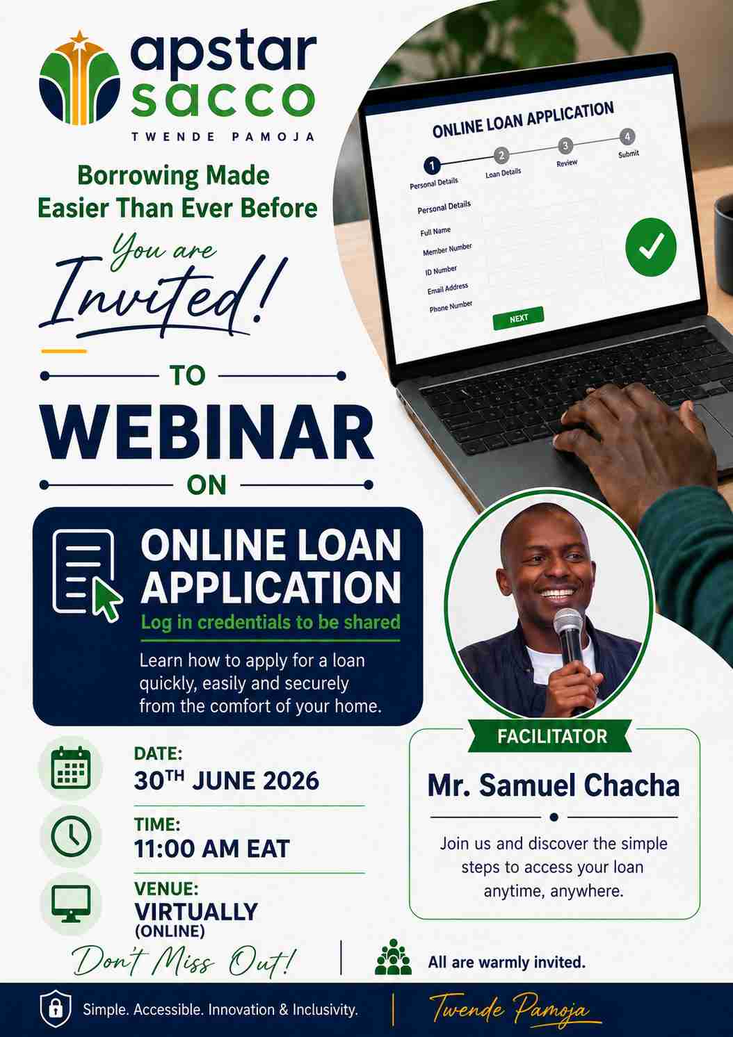 Apstar Sacco — You are invited to a Webinar on Online Loan Application, 30 June 2026, 11:00 AM EAT, Virtually (Online). Facilitator: Mr. Samuel Chacha. All are warmly invited.